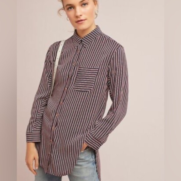 Maeve Anthropologie Adelaide Navy Blue Red Striped Poplin Button Down Shirt - Picture 1 of 3